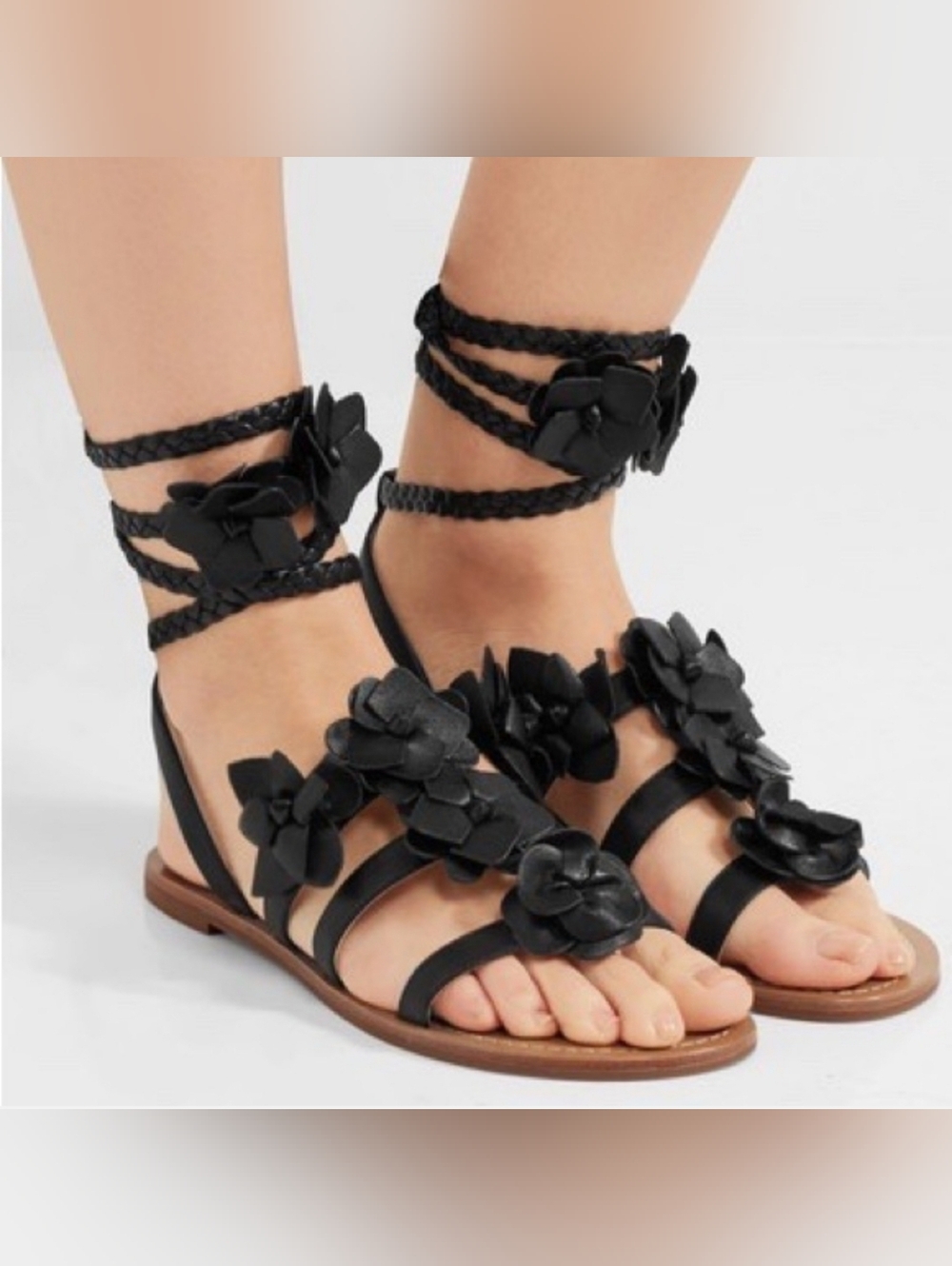 TORY BURCH Blossom Floral Lace Gladiator Calf Leather Sandal in Black Size 9.5